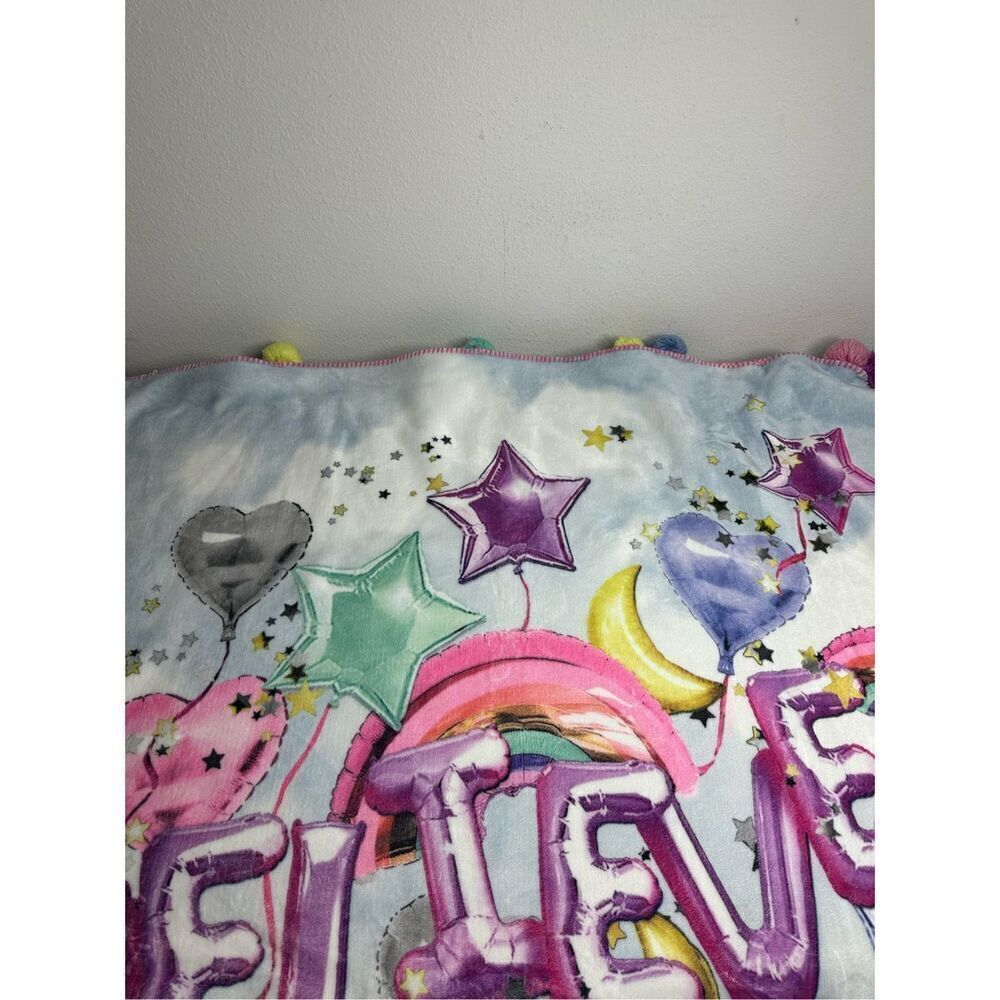 Justice Blanket Sherpa Throw Pom Pom Rainbow Bedding Cozy Fuzzy Warm *See Notes
